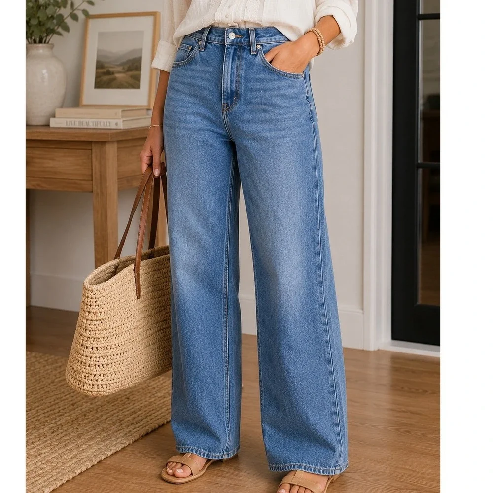 Levis 94 Baggy High Rise Wide Leg Straight Jeans Blue Medium Wash Womens 28